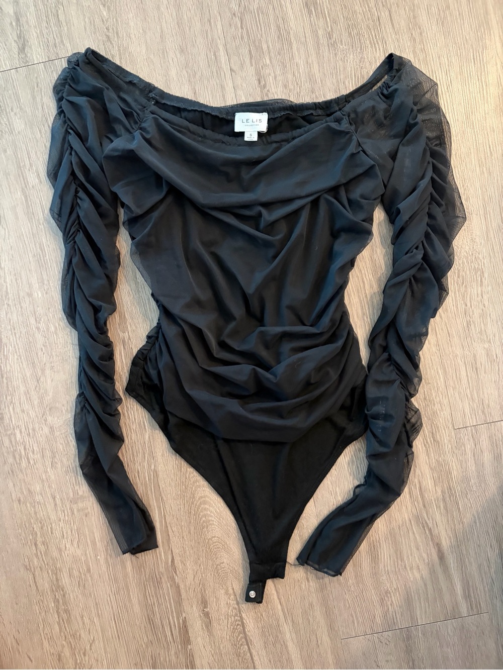 Le Lis Black Off-Shoulder Mesh Bodysuit